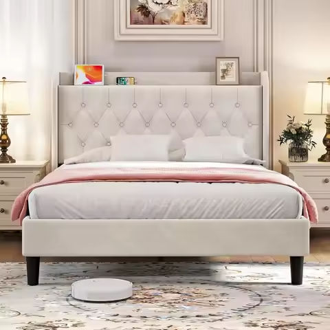 Upholstered Canopy Bed Frame with 2 Drawers and Button Tufted Headboard, Velvet Bed No Box Spring Needed Beds Frames https://tinyurl.com/2ajsm25y