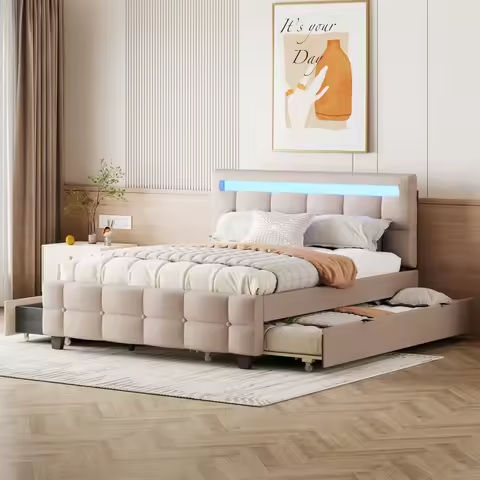 Full Bed Frame with Wingback Headboard, Upholstered Platform Bed with Modern Geometric Headboard, Wooden Slats, Noise-Free https://tinyurl.com/28ebqz28