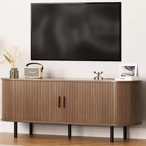 Farmhouse Rattan TV Stand for 55/60/65 inch TV, Modern Entertainment Center with Natural Rattan Door and 2 Open Shelves https://tinyurl.com/28cufhar