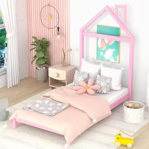 Twin Size Wooden House Bed with Twin Size Trundle for Kids, Wood Platform Bed Frame with Fence, Roof, and Safety Guardrail https://tinyurl.com/24a4tvho