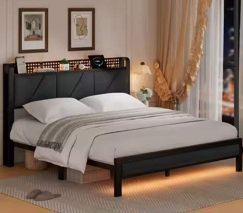 King Size Bed Frame with Ottoman Storage and LED Lights, Upholstered Platform Bed Frame with USB Ports Linen Fabric Headboard https://tinyurl.com/284qkehu