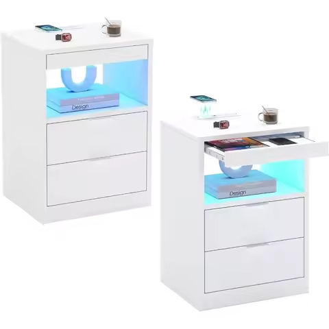 24″ Fluted Nightstand with Charging Station, Wooden End Table with 2 Drawers Storage, Curved Profile Design, Modern Bedside Cabi https://tinyurl.com/26e5jm3z