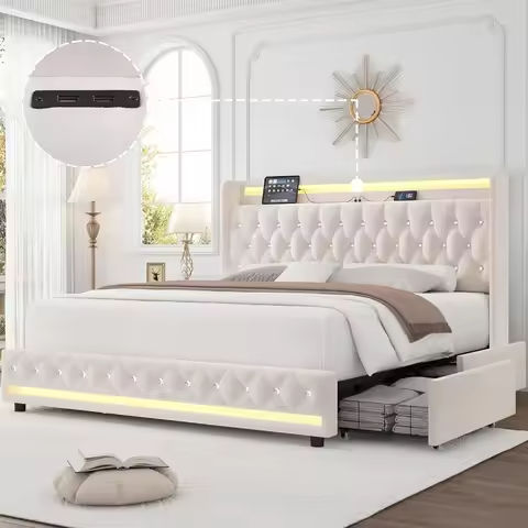 Twin Size Bed Frame, Storage Headboard with Charging Station & LED Lights, Upholstered Bed with Heavy Duty Wood Slats,Noise Free https://tinyurl.com/234p68av