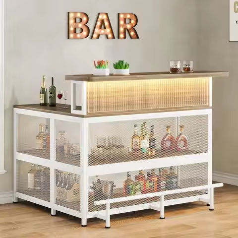 Bar Cabinet, L-Shaped Home Bar Table with Stemware Racks, 4-Tier Corner Bar Unit Liquor Wine Table Reception Desk https://tinyurl.com/26cx6ac9