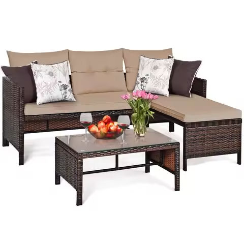 4-Piece Outdoor Wicker Patio Conversation Furniture Set for Backyard w/Coffee Table, Seat Cushions – Gray/Black https://tinyurl.com/24xf6koz