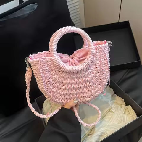 Orange Straw Bag Women Rattan Hand-Woven Handbag Small Half Moon Design Shoulder Crossbody Bag Lady Fashion Beach Bag https://tinyurl.com/2asm6tl3