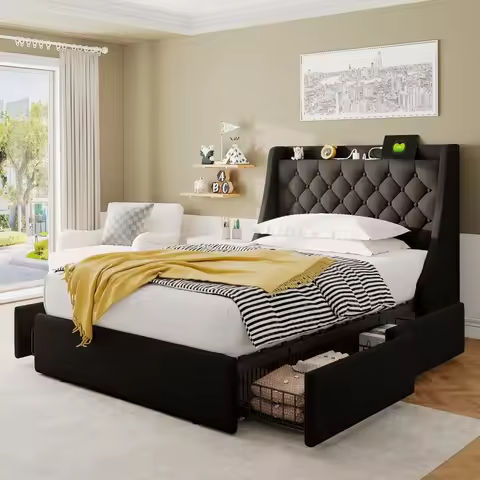 Full Bed Frame with 3-Tier Headboard & Hidden Storage, Upholstered LED Bed with 4 Drawers and Charging Station,Platform Metal Be https://tinyurl.com/22wz44ed