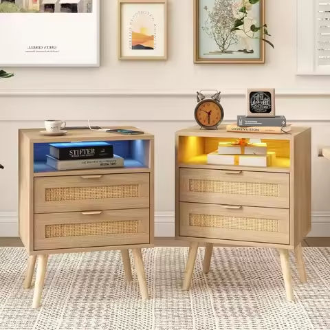 White Nightstands Set of 2, Bedroom Night Stand Set Two Nightstand with Charging Station and LED Light, Bedside Table https://tinyurl.com/27mz8nva
