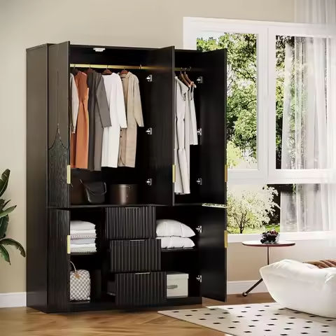 Modern Armoire Wardrobe Closet with Mirror, 3 Doors, Hanging Rod, 4 Drawers and Shelves Large Capacity Storage Wooden Wardrobe C https://tinyurl.com/2bp59l6a