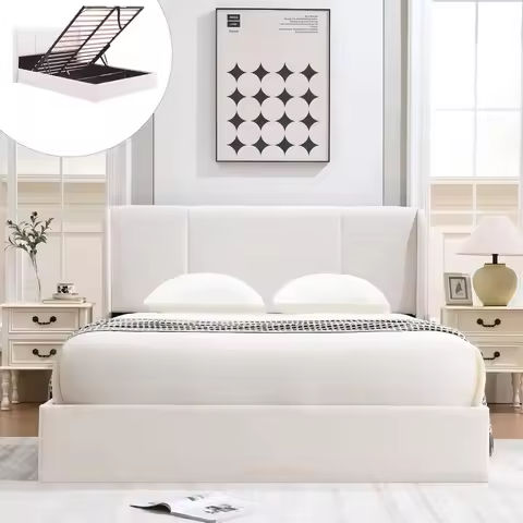 Queen Bed Frame, White Queen Upholstered Bed Frame with Shell Shaped Headboard, Wood Slats Support, PU Leather, https://tinyurl.com/25fn8xpb
