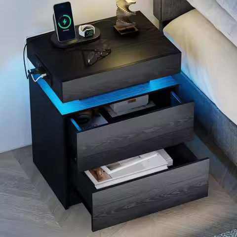 Tall Nightstand with Charging Station and LED Lights, Night Stand with PU Finish Fabric Storage Drawers, 5 Drawer Dresser, Greig https://tinyurl.com/283lmk94