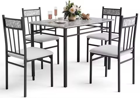 5-Piece Dining Table Set, Modern Dining Room Set with 63″ White High Gloss Kitchen Table and 4 PU Leather Upholstered Chairs https://tinyurl.com/29urkooh