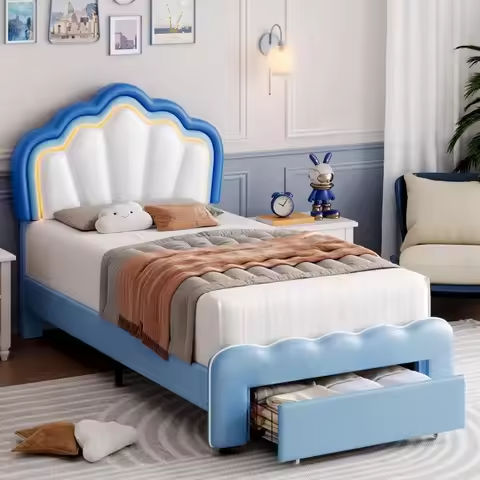 Twin LED Bed Frame with Storage Headboard and Charging Station, Kids Bed Frame with 2 Drawers and USB Ports, Children Beds https://tinyurl.com/2boqboda