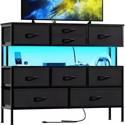 9 Drawer Double Dresser for Bedroom, Rattan Chest of Dressers, Modern Wooden Dresser Chest with Golden Handles, Beside Table https://tinyurl.com/23zvbsk8