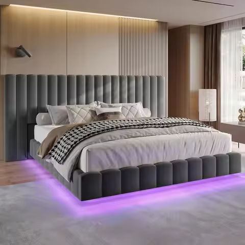 HOOMIC Velvet Upholstered Bed Frame, Vertical Channel Tufted Wingback Headboard, Wooden Slats Support Allewie https://tinyurl.com/2628elkg