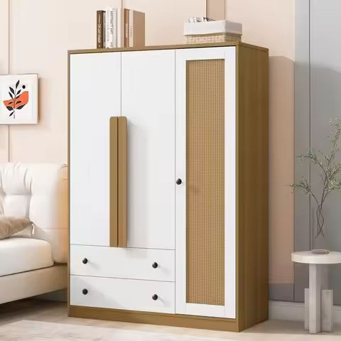 Armoire Wardrobe Closet with Mirror Door and 2 Drawer,Farmhouse Bedroom Armoire Cabinet with Hanging Rod and Light,Wooden https://tinyurl.com/2ap8pv3h