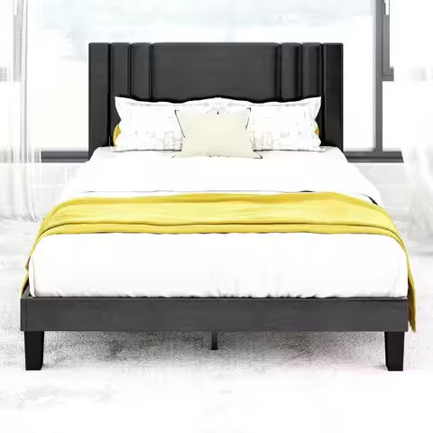 Modern Faux Leather Queen Bed Frame with Adjustable Headboard and Iron Accents, Deluxe Upholstered Platform Bed , Black https://tinyurl.com/24hscxl5