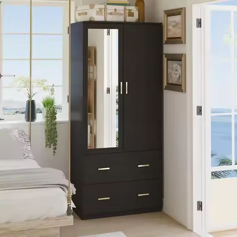 65”Wood Wardrobe Closet with 2 Doors and Drawers, Clothing Storage Cabinet with Aluminum Hanging Rod, Rattan Freestanding Wardro https://tinyurl.com/2dlvasjt