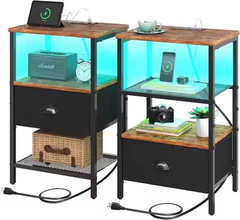 Nightstand with Charging Station, Mid Century Modern Nightstand with Wood Grain Texture, Minimalist End Table with Drawers https://tinyurl.com/22xe4yld