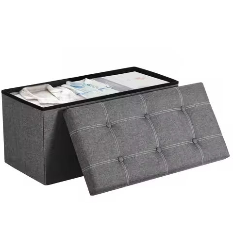 SONGMICS 43 Inches Folding Storage Ottoman Bench Storage Chest Footrest Padded Seat Faux Leather, Holds Up To 660 Lb, Beige, https://tinyurl.com/2ar7ttgy