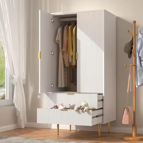 Armoire Wardrobe Closet with 2 Woven Doors,  Storage Closet Cabinet with Drawers, Hanging Rod Armoire Wardrobe https://tinyurl.com/23r4lbvm