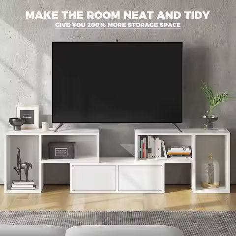Farmhouse TV Stand for TVs up to 70″, off-White/Walnut,2 storage cabinets in tempered glass door https://tinyurl.com/2bawgvqp