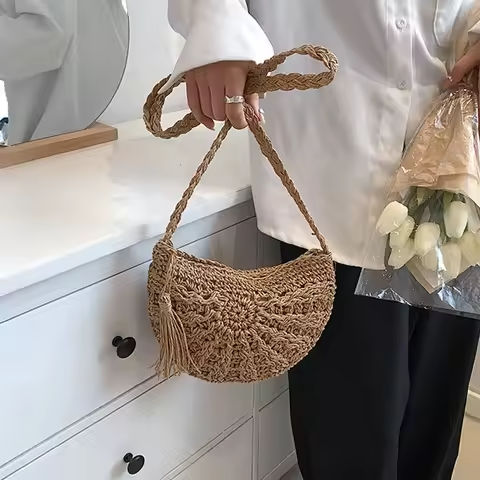 Fashion Semicircle Straw Woven Shoulder Crossbody Bag Travel Small Handbag Ladies Summer Handmade Rattan Tassel Design Beach Bag https://tinyurl.com/274qtnm8