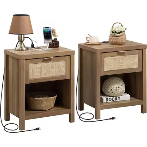 Nightstand Set of 2 with Charger Station u2014 USB Ports & Outlet, Bed Side Table with LED Lights, End Table with Fabric Drawer https://tinyurl.com/26oxwxaf