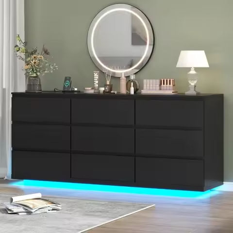 9 Drawer Dresser with Power Outlet & LED Light, Modern Chest of Drawers for Closet, 63″ Drawer Organizer Cabinet for Bedroom https://tinyurl.com/2yeut98s