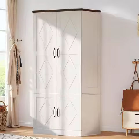 Wardrobe with 2 Woven Doors with Storage Drawers and Hanging Rails, Bedroom Freestanding Wardrobe https://tinyurl.com/29pe3emx