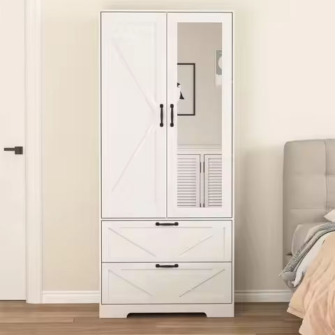 Wardrobe with LED Lights, 5-storey Bookshelf and 6 Glass Doors, 47.2-inch Wooden Display Cabinet with Hanging Pole https://tinyurl.com/25u3obvf