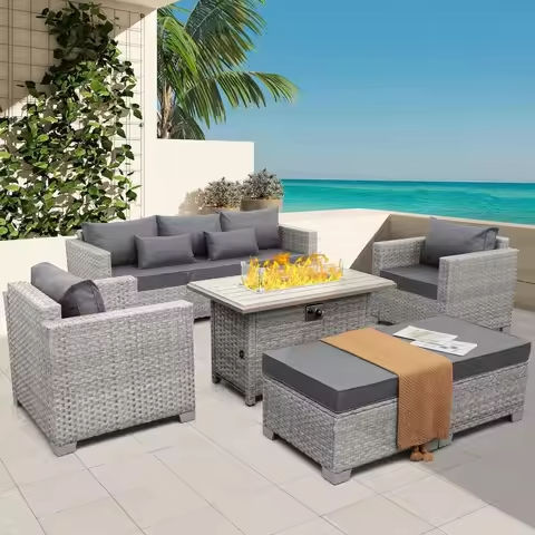 9PCS Patio Wicker Dining Set Acacia Wood Table Top Umbrella Hole Cushions Chairs https://tinyurl.com/28n9tcfn