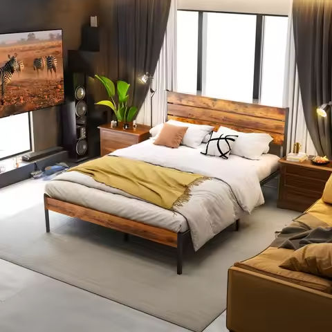 Queen Size Upholstered Platform Bed with LED Frame, with Twin XL Size Trundle and 2 drawers, Linen Fabric, Beige,Beds https://tinyurl.com/28nvewbw