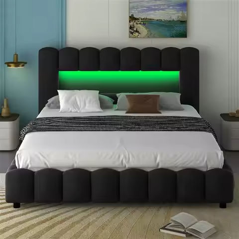 Queen Bed Frame with Charging Station and LED Lights, with Storage Headboard, USB Port, Industrial Platform Beds https://tinyurl.com/22d5mkbe