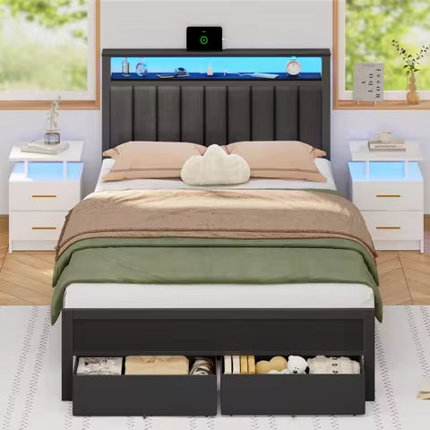 Full/Queen Bed Frame with Charging Station and LED Lights,USB Charging Station Headboard Upholstered Queen Size Metal bedstead https://tinyurl.com/26uf4p25