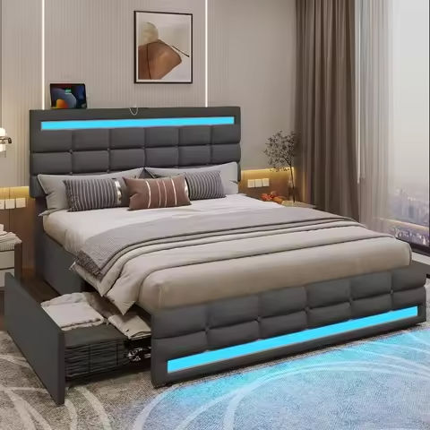 Twin Size Lift Up Bed Frame, Storage Headboard with Charging Station, LED Lights Upholstered Platform Bed, No Box Spring Needed https://tinyurl.com/2bqfk5fr