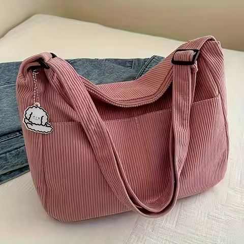 Women’s Corduroy Shoulder Bag, Casual Striped Large Capacity Tote with Zipper Closure, Cute Hat Patch, Perfect for Everyday Use https://tinyurl.com/27oxu9ju