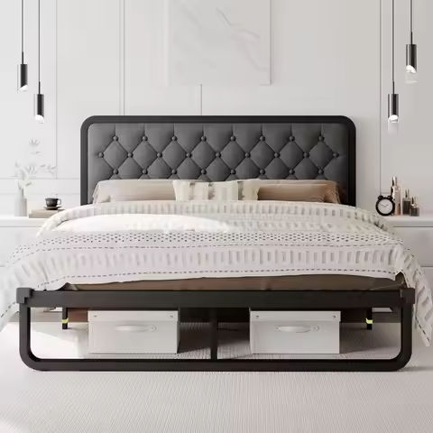 AMERLIFE Queen Size Bed Frame with 52.2″ Tall -Panel Headboard & Footboard, Farmhouse Wood Platform Bed Frame with 2 Large Stora https://tinyurl.com/2daglbwg