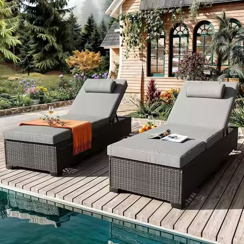 Patio Chaise Lounge Sets Outdoor Rattan Adjustable Back 3 Pieces Cushioned Patio Folding Chaise Lounge with Folding Table https://tinyurl.com/299xrtnm