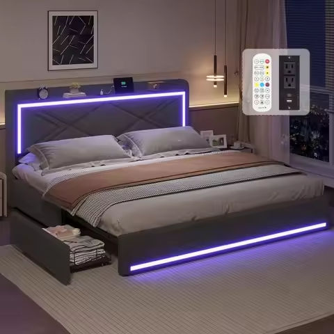Metal Bed Frame with Adjustable Headboard & LED Lights,Upholstered Platform Bed Frame with Type-C & USB Charging Station https://tinyurl.com/258nfh5e
