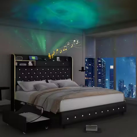 Rolanstar Queen Bed Frame with Ergonomic Headboard Storage & Charging Station, Upholstered Platform Bed with LED Light & Drawer, https://tinyurl.com/23xkomvj