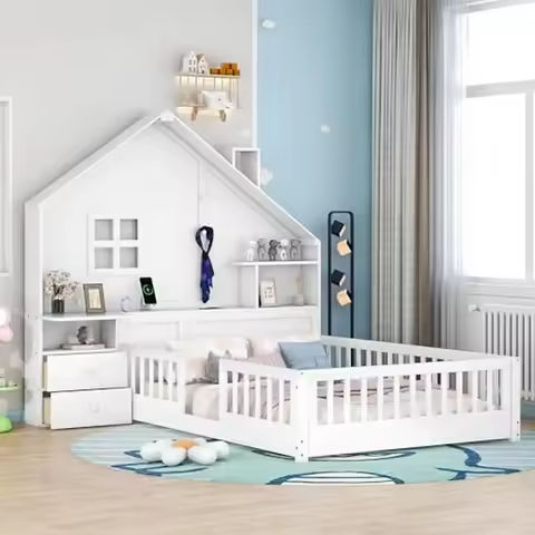 Twin Size Floor Bed, Montessori Floor Bed with Fence, Kids Montessori Bed Twin Size, Wood Montessori Floor Bed for Kids https://tinyurl.com/24ga8xpo