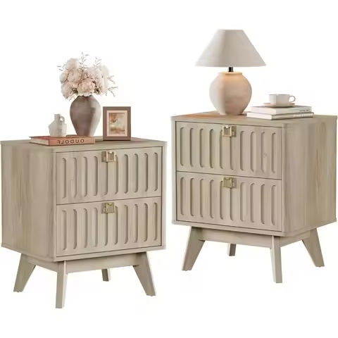 White Accent Nightstand with 2 Drawers, Bottom Shelf & Carve Pattern, Modern Wooden Night Stand Bedside Table, Versatile https://tinyurl.com/2946j6vc