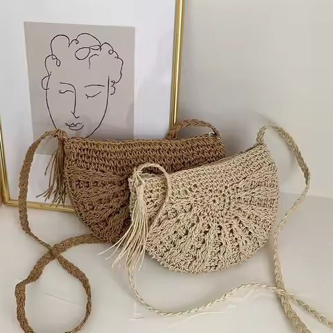 New Half Round Straw Bags for Women Summer Beach Rattan Bag Handmade Woven Half Moon Crossbody Handbags Bohemia https://tinyurl.com/2aqgcd64
