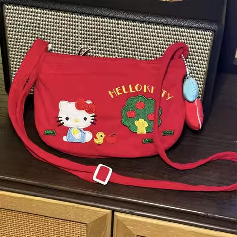 Kawaii Retro Red Cartoon HelloKitty Crossbody Bag Cute Japanese Girl Fashionable Corduroy Shoulder Bag Storage Bag Children Gift https://tinyurl.com/2cljww3w
