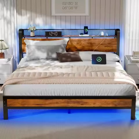Full Size Wood Bed Frame Farmhouse with 52″ Tall Storage Bookcase Headboard, LED Light,Charging Station,4 Drawers and Solid Wood https://tinyurl.com/28b4s27r