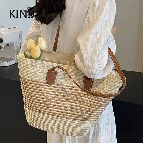 Summer Stripe Tote Bag Straw Bag Women’s New Beach Seaside Outdoor Travel Vacation Large Capacity Shoulder Bag Portable Basket https://tinyurl.com/29u3u483