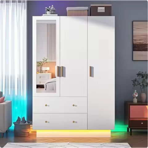 3-Door Black Armoire w/3 Drawers, Mirror & LED Lights – Modern Wooden Wardrobe with Hanging Rod https://tinyurl.com/26dop62b