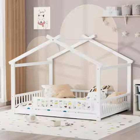 Solid Wood House Bed for Kids,Floor Beds Frame,Twin Canopy Bed for Boys Girls Bedroom, Children’s Beds, Toddler Bed with Fence https://tinyurl.com/29jrrys8