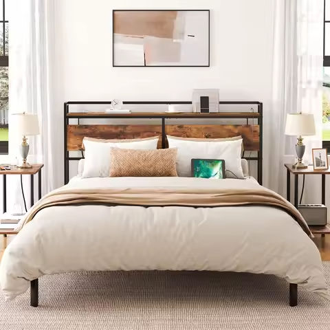Headboard Queen Size with Storage, Farmhouse Queen Headboard Only with Charging Station and LED Lights, Bookcase Headboards wit https://tinyurl.com/28p6m47f
